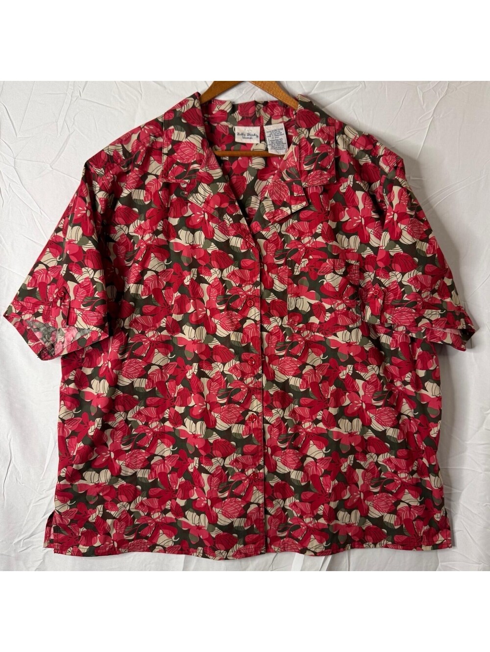 Bobbie Brooks Top Womens 22W/24W Red Pink Tropical Floral Button Pocket